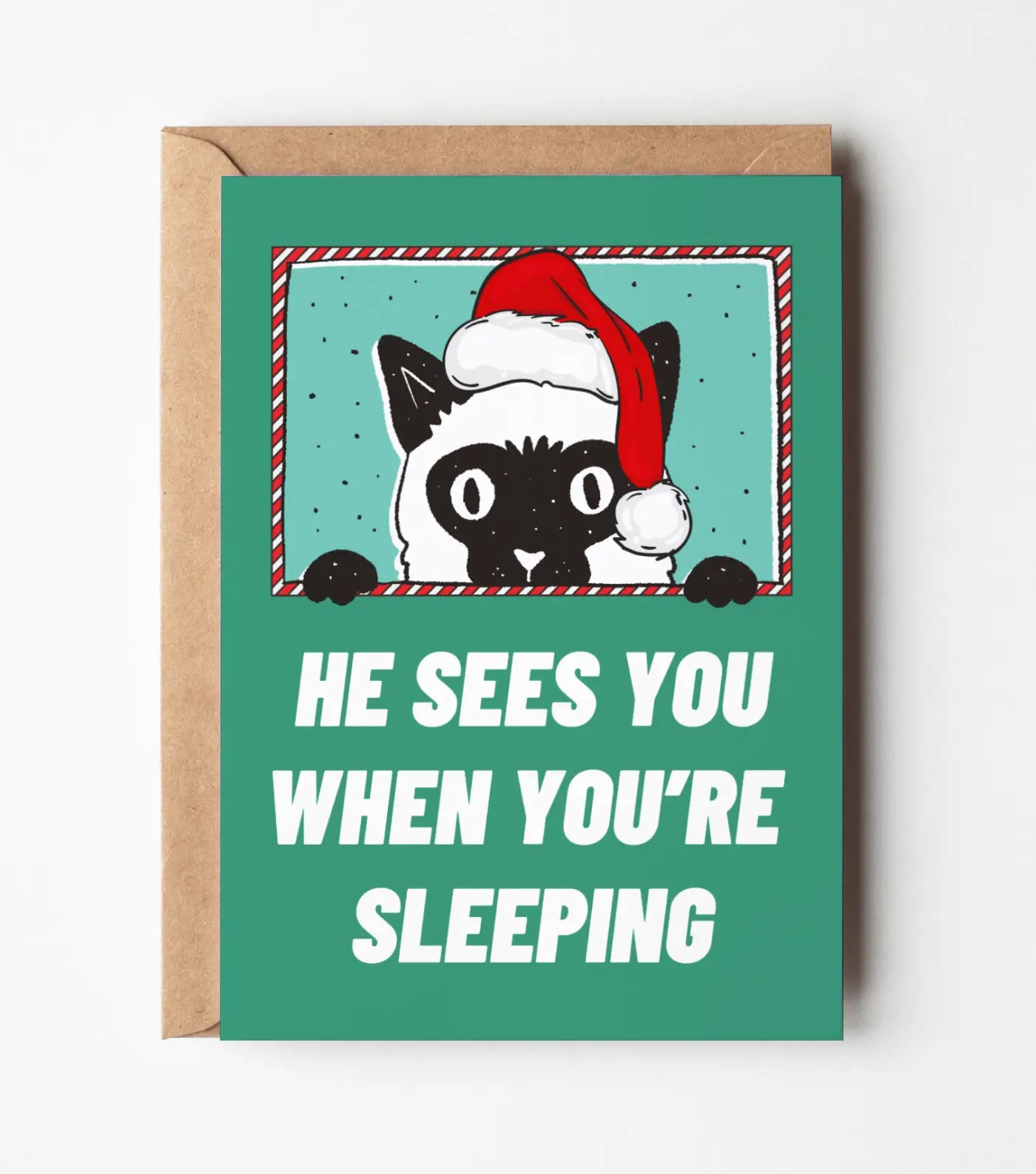 He Sees You When You're Sleeping Cat Christmas Greeting Card