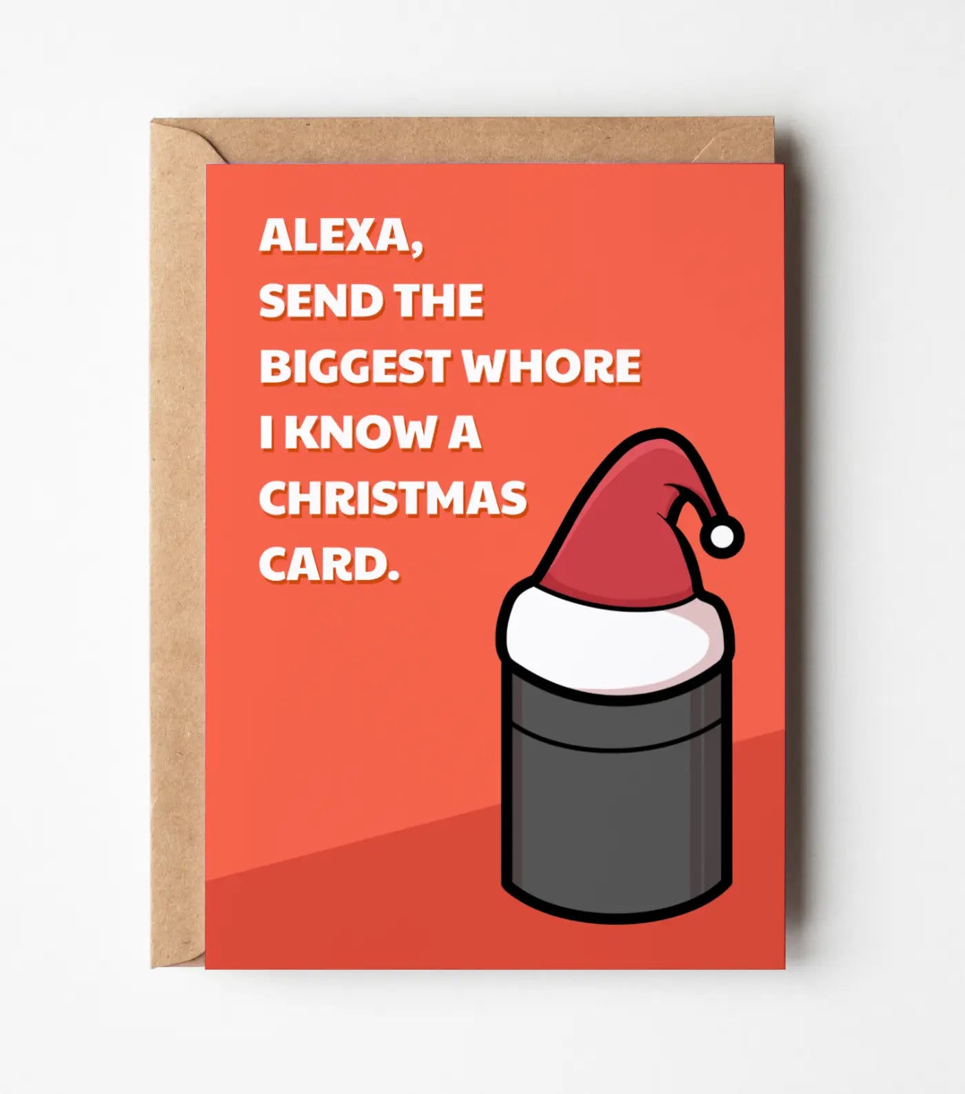 Funny Red Christmas card with text and Santa hat graphic on a white background