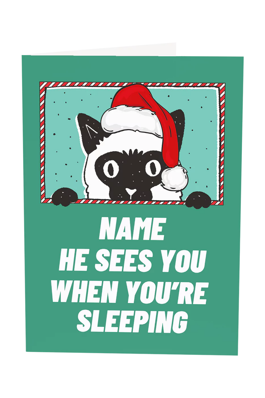 He Sees You When You're Sleeping Cat Custom Name Christmas Greeting Card